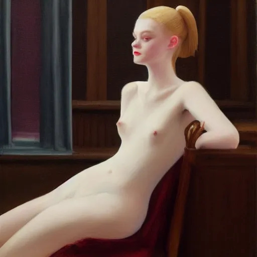 Image similar to Painting of Elle Fanning as a tarot card, long blonde hair, delicate, pale milky white porcelain skin, occult, by Edward Hopper. 8K. Extremely detailed.