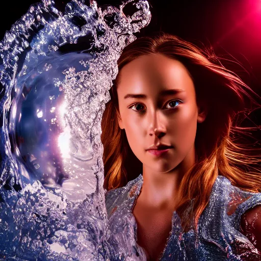 Prompt: alycia debnam as a hydromancer , award winning photography, HDR, studio lighting, dynamic pose, medium close shot, shot on Canon EOS R5, f/2.5,