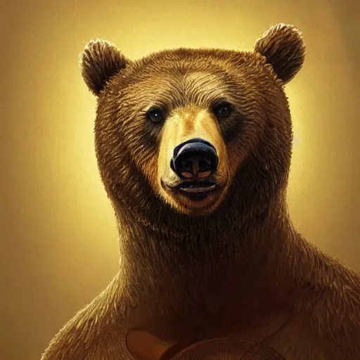 Image similar to realistic bear holding a wooden triangle combined with guitar neck, realistic portrait, symmetrical, highly detailed, digital painting, artstation, concept art, smooth, sharp focus, illustration, cinematic lighting, art by artgerm and greg rutkowski and alphonse mucha
