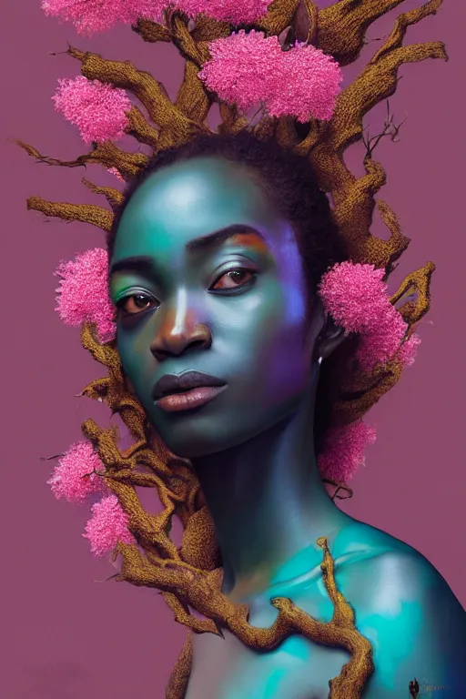 Image similar to hyperrealistic post - renaissance cinematic super expressive! yoruba goddess with exoskeleton armor, merging with tree in a forest, pink orange flowers, highly detailed digital art masterpiece, smooth cam de leon eric zener dramatic pearlescent soft teal light, ground angle hd 8 k, sharp focus