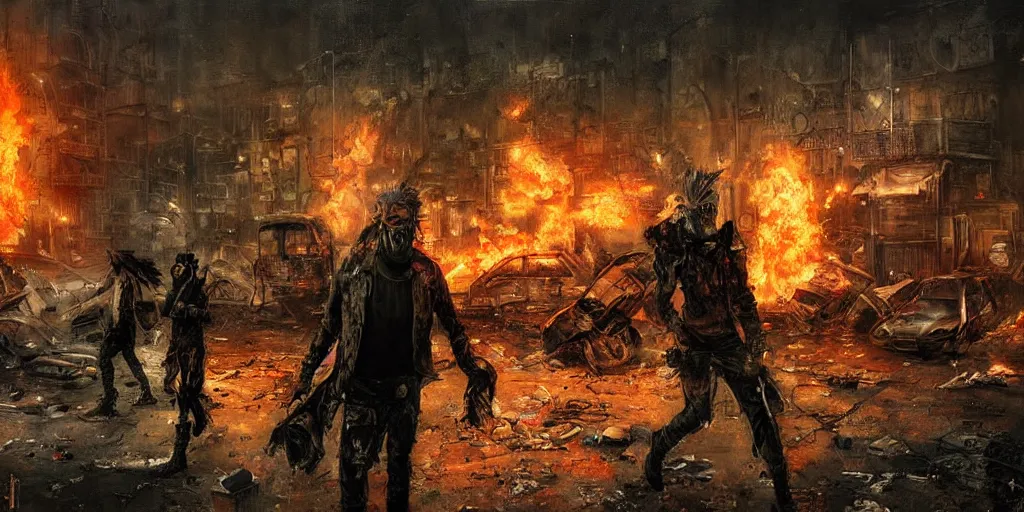 Image similar to post apocalyptic city, revolutionary punk masked up punk, fire, damaged, trash, full shot, by jeremy mann