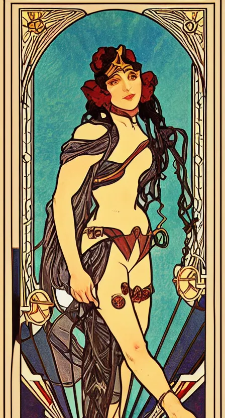 Image similar to the fool rider tarot card illustrated in an art deco style by tamara de lempika and an elegant border by alphonse mucha. | studio lighting | digital painting, stunning lighting, trending on artstation