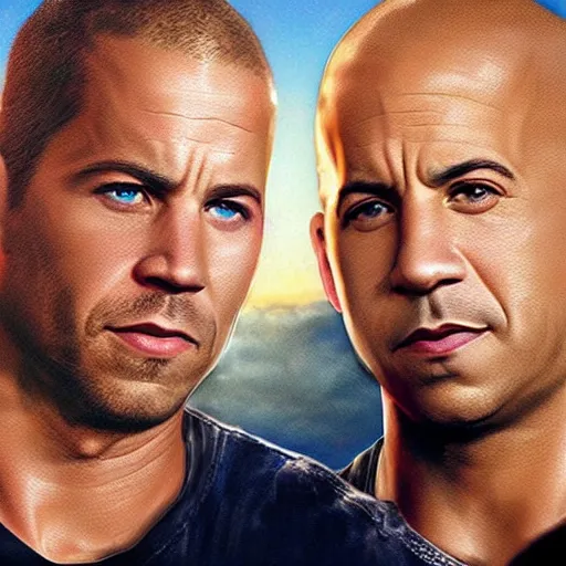 Prompt: paul walker and vin diesel doing a fist bump in heaven, photorealistic, highly detailed