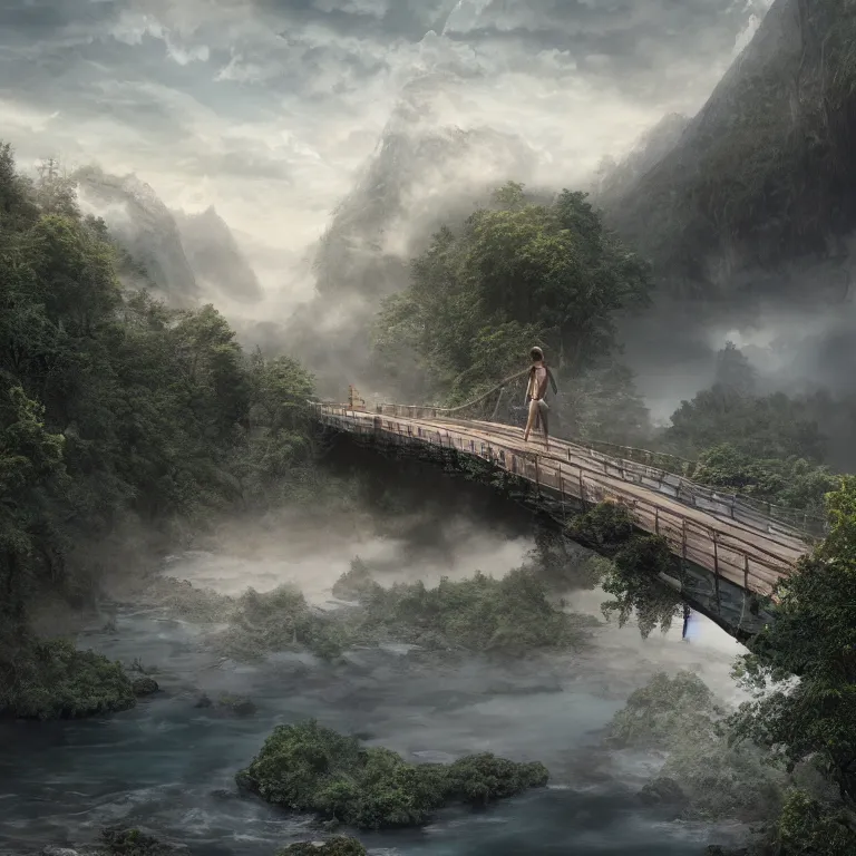 Prompt: a person standing on a bridge over a river, a detailed matte painting by kano naizen, cgsociety, fantasy art, matte painting, terragen, made of mist