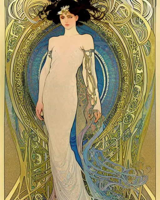 Prompt: portrait of an ethereal woman with pale hair and gold eyes wearing a flowing white and gold gown surrounded by wing motifs, alphonse mucha, kay nielsen, art nouveau, intricate, digital painting, concept art