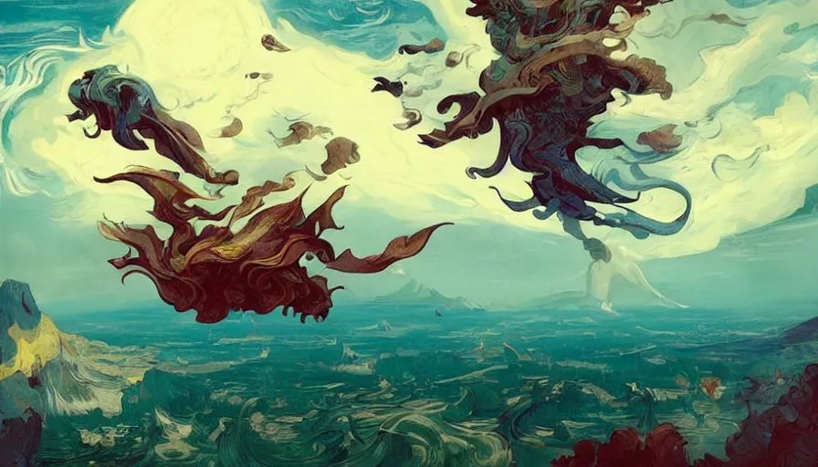 Image similar to man flying silhouette overlooking a multiversal otherworldly realm with flying whale with chic streets and shops and lush volcanic garden and intricate luxurious scifi homes, allegorical style, by peter mohrbacher, jeremy mann, francoise nielly, van gogh, ross tran, beautiful, award winning scenery, clean details, serene