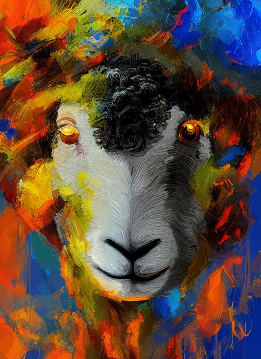 Image similar to a painting of a lamb's face with blue and yellow smoke coming out of, a digital painting by petros afshar, behance contest winner, digital art, behance hd, digital illustration, digital painting