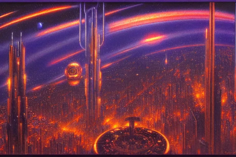 Image similar to a scifi illustration, Night City on Coruscant by edward robert hughes