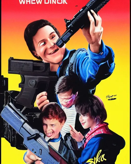 Prompt: 80s movie poster where a happy boy befriends a magic GLOCK 17, Drew Struzan