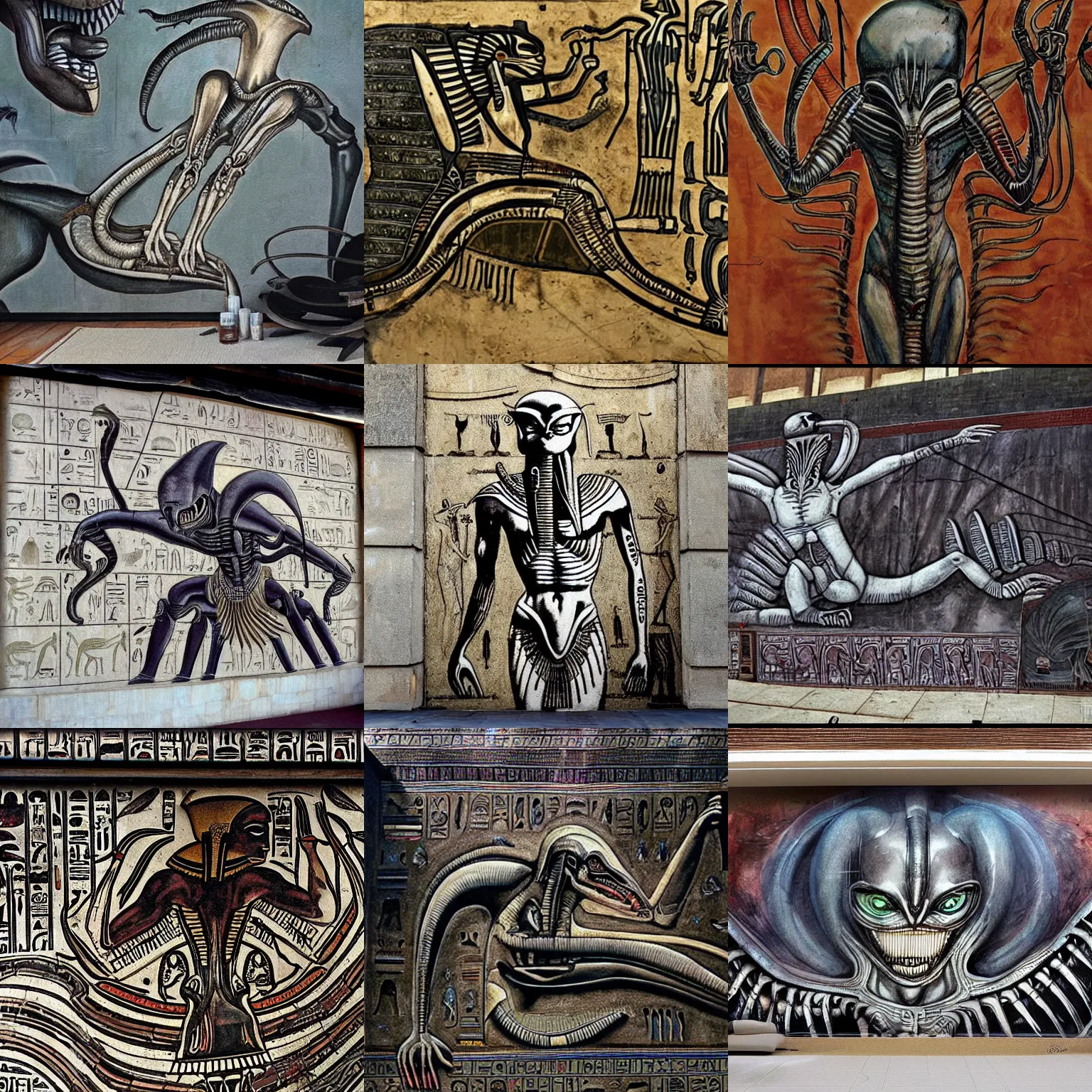 Prompt: ancient egyptian art of [ xenomorph ] [ giger ] alien from ridley scott alien movie, as [ egyptian ] [ mural ]