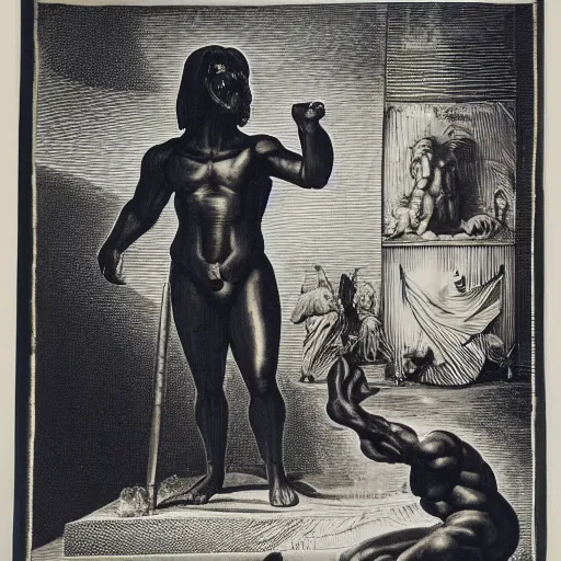 Image similar to The sculpture shows a the large, black-clad figure of the king looming over a small, defenseless figure huddled at his feet. The king's face is hidden in shadow, but his menacing stance and the large, sharp claws on his hands make it clear that he is a dangerous and powerful creature. by Hendrick Goltzius, by Grant Wood, by W. Heath Robinson lush