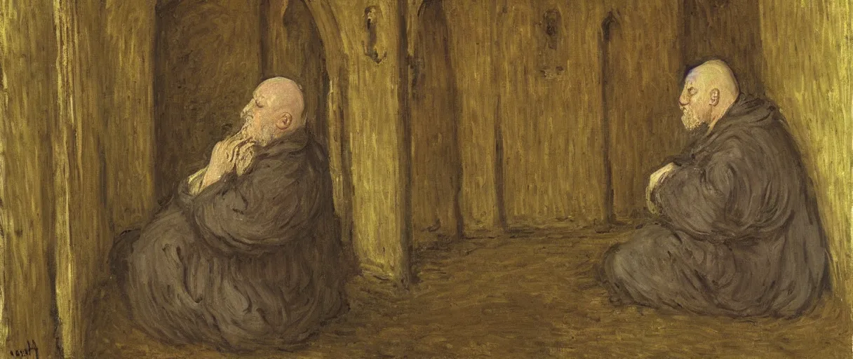Prompt: a medieval monk very drunk and depressed in his cell; a painting by Claude Monet