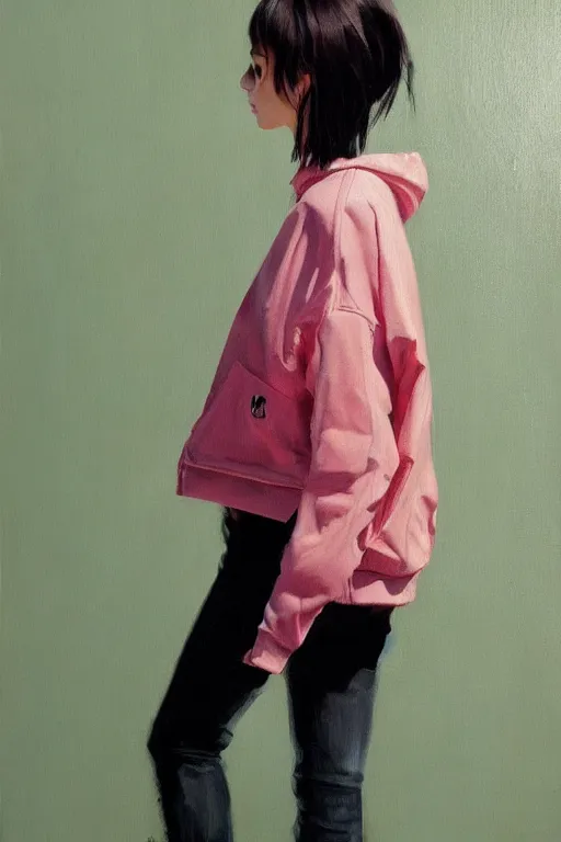 Image similar to A ultradetailed beautiful panting of a stylish girl with her hands in her pockets, she is wearing an oversized Nike jacket, Oil painting, by Ilya Kuvshinov, Greg Rutkowski and Makoto Shinkai