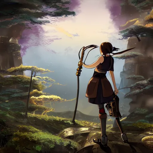 Image similar to girl with steampunk weapons and a steampunk prosthetic left arm, studio ghibli, anime, extremely detailed, landscape background, waterfall, trees, clouds, sky, cinematic lighting,