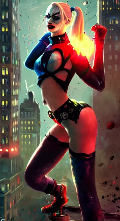 Prompt: harley quinn fighting super villains, burning wreckage, gotham city, intense, epic cinematic hyperrealism masterpiece, whimsical, realistic poster with shaded lighting by craig mallismo, artgerm, jeremy lipkin and michael garmash and hans zatzka, unreal engine, radiant light, detailed and complex environment, digital art, art station trends