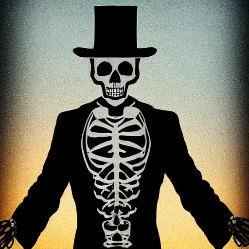 Image similar to Photograph of skeleton wearing a suit and top hat at sunset. cinematic, hyper realism, high detail