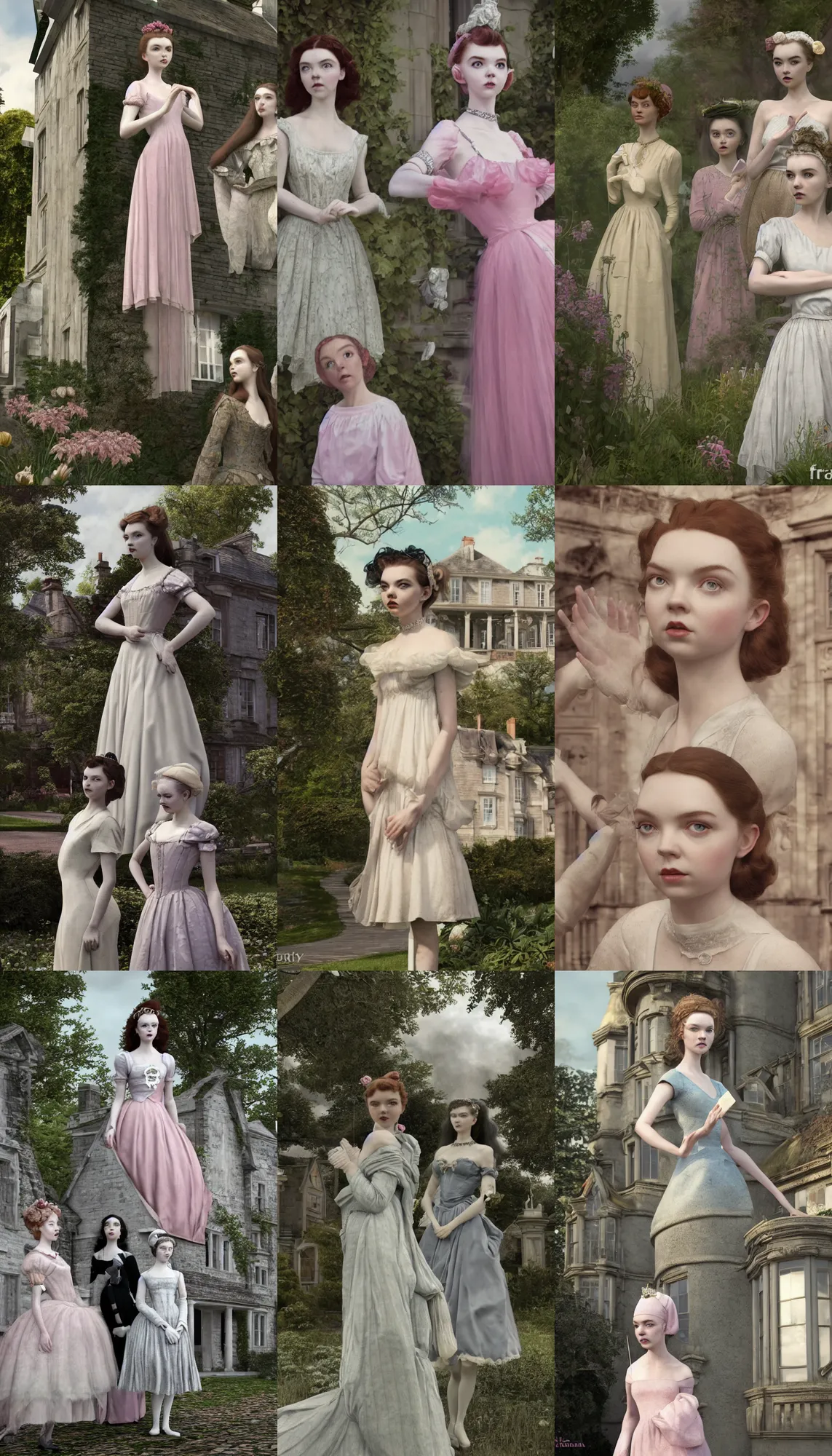 Prompt: a mix of lily cole, anya taylor - joy and audry hepburn, tiara, standing proud outside their 1 8 th century manor, hyper - realism photo - realism, 8 k, hdr, unreal engine 5, octane render, photorealistic, extremely detailed, intricate, in the style of mark ryden, lostfish, earl nore, hyung tae, frank frazetta