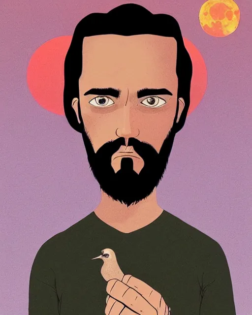 Prompt: portrait of a man with long black hair and beard holding his imaginary bird friend in his hands, full moon in the background, fine portrait, beautiful, concept art, by tomer hanuka