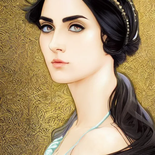 Prompt: modern Ameera al-Taweel, bright blue eyes, wavy black hair, white veil, highly detailed, digital painting, artstation, concept art, smooth, sharp focus, illustration, ArtStation, art by artgerm and greg rutkowski and alphonse mucha and J. C. Leyendecker and Edmund Blair Leighton and Katsuhiro Otomo and Geof Darrow and Phil hale and Ashley wood and Ilya repin and Charlie Bowater