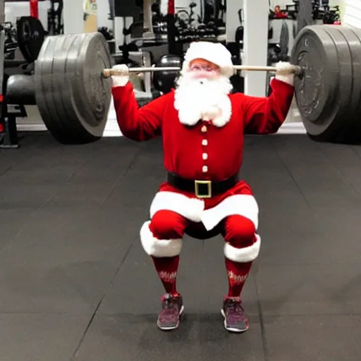 Prompt: santa lifting weights, leg day, squats