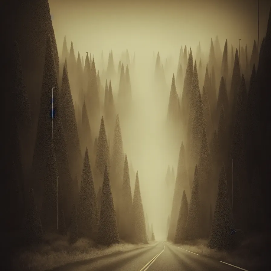 Prompt: surrealist abstract ink artwork of a road leading down the horizon through giant pine forests down a rocky mountain coast towards a majestic sunset. atmospheric foggy landscape, soft sepia tones, psychedelic, ultra realistic, concept art, modern art, photorealistic, octane render.