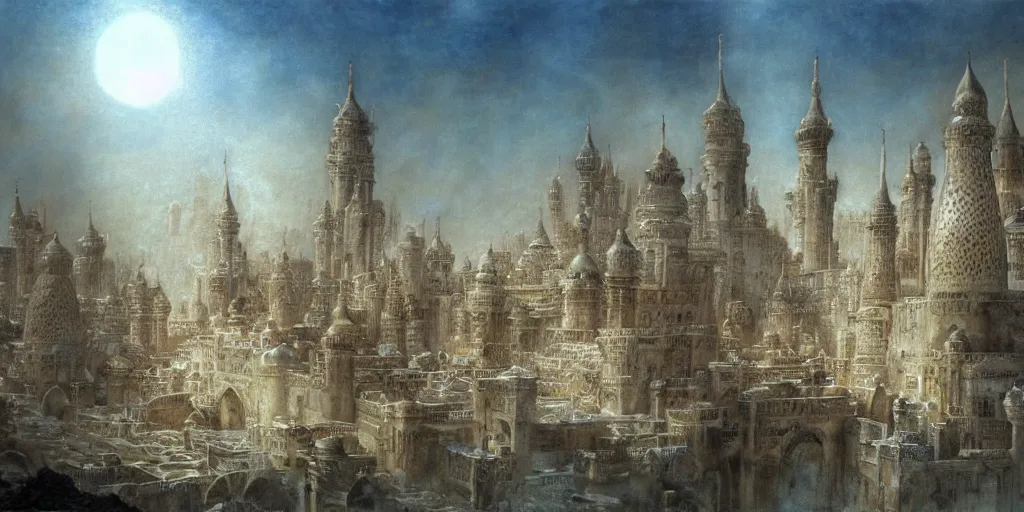 Image similar to a painting of epic fantasy islamic city by alan lee, trending on artstation