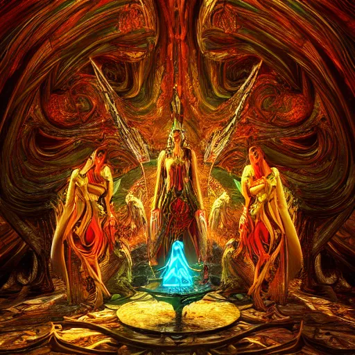 Image similar to Photorealistic magic elven shrine of the demon goddess. Hyperdetailed photorealism, 108 megapixels, amazing depth, glowing rich colors, powerful imagery, psychedelic Overtones, 3D finalrender, 3d shading, cinematic lighting, artstation concept art