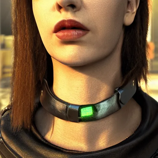 Image similar to detailed realistic female character cyberpunk wearing thick steel collar around neck, realistic, art, beautiful, 4K, collar, choker, collar around neck, punk, artstation, detailed, female, woman, choker, cyberpunk, neon, punk, collar, choker, collar around neck, thick collar, choker around neck, wearing choker, wearing collar,