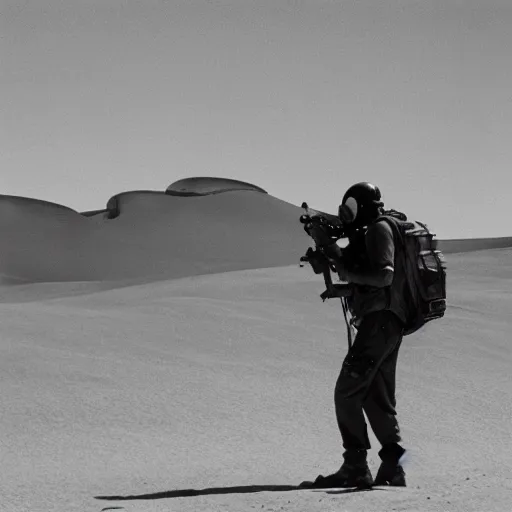 Image similar to a man wearing a gasmask, heavily equipped, in the desert, film still, arriflex 35