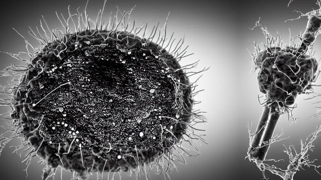 Prompt: a beautiful microscopic scientific photo of a virus and another strange life form seen through the electron microscope, dark, sinister, detailed, by philip henry gosse