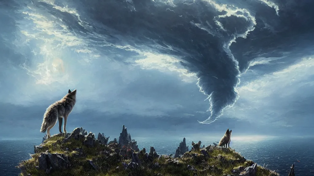 Prompt: A wolf standing on the edge of a grassy cliff looking out towards an underwater nuclear explosion, birds flying away from explosion, mind-bending geometry, explosive shockwaves rippling across sapphire waters below, 4k, trending on Artstation, award-winning, dramatic painting, art by Greg Rutkowski, by Studio Ghibli