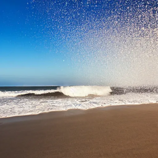 Prompt: wide angle, zoom out, captured image of a sun-dog ocean white sand, background of crashing surf (foam, rocks), backlit seagulls flying in far distance, tranquil, calming, nostalgic