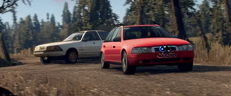 Prompt: Audi A4 B6 Avant (2002) chasing a bandit on a horse in Red Dead Redemption 2