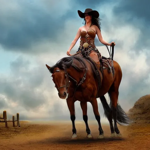 Prompt: cowboy girl riding a horse, matte painting