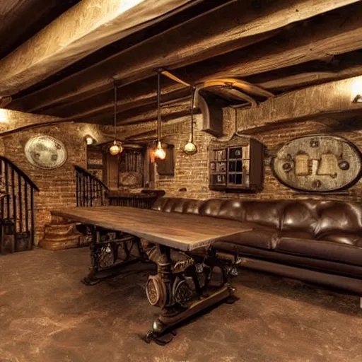 Prompt: a steampunk themed basement