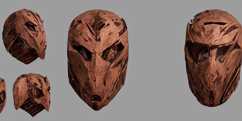 Prompt: wooden mask design, character sheet, Greg Rutkowski, Zabrocki, Karlkka, Jayison Devadas, trending on Artstation, 8K, ultra wide angle, zenith view, pincushion lens effect