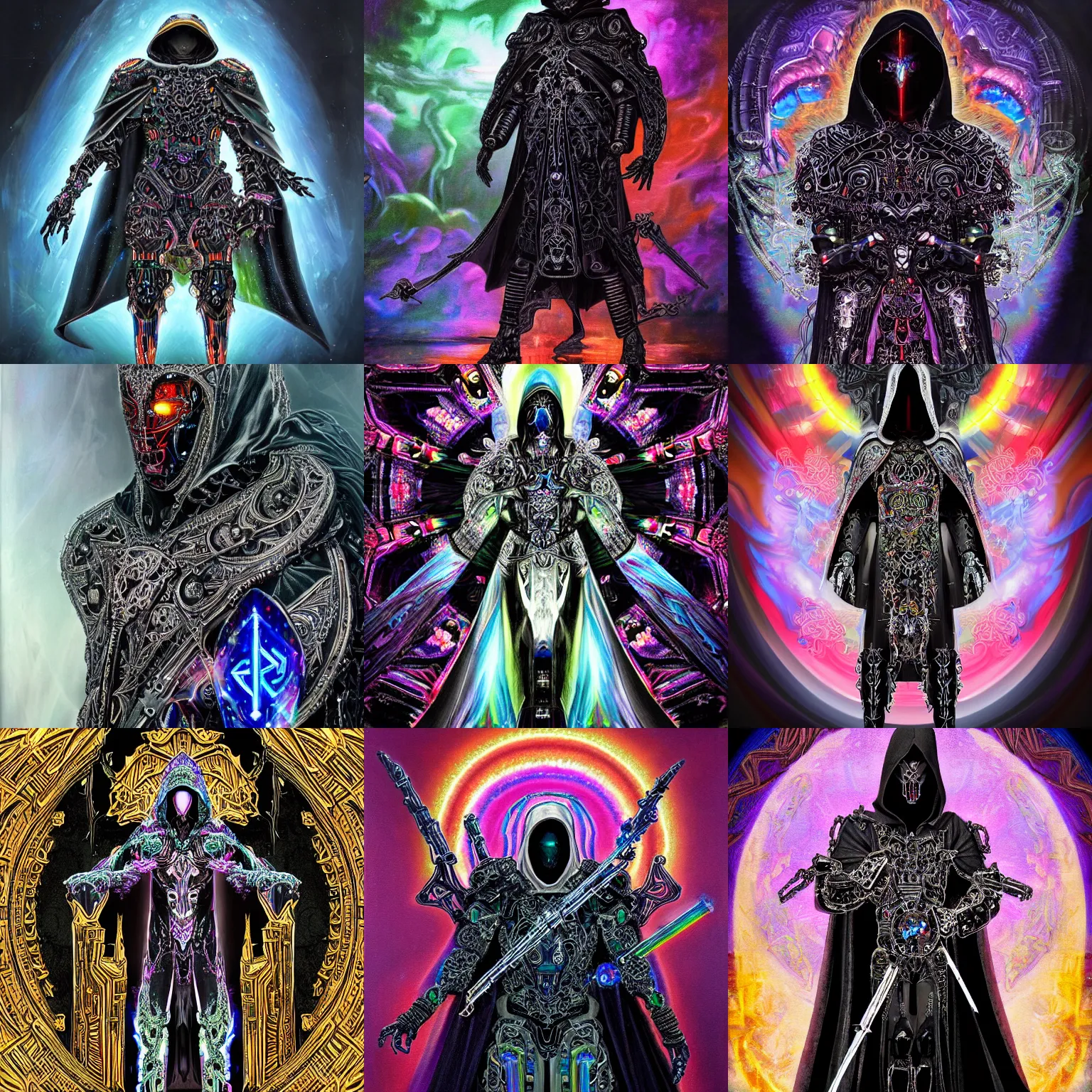 Prompt: An ominous painting of a hooded warrior entity wearing a partially cybernetic intricate ornate black cloak and brandishing a powerful intricate ornate rainbow crystal sword, concept art, futurism, scifi, intricate black armor encrusted in iridescent microchips and ornate precious colorful crystals, highly detailed elegant cybernetic body, iridescent, vivid rainbow of colors, iridescent glistening smoke and fire, digital painting, gold sparks, dark epic megastructure background, artstation, concept art, smooth, symmetric, elegant, ornate, luxury, elite, matte painting, cinematic, trending on artstation, deviantart and cgsociety