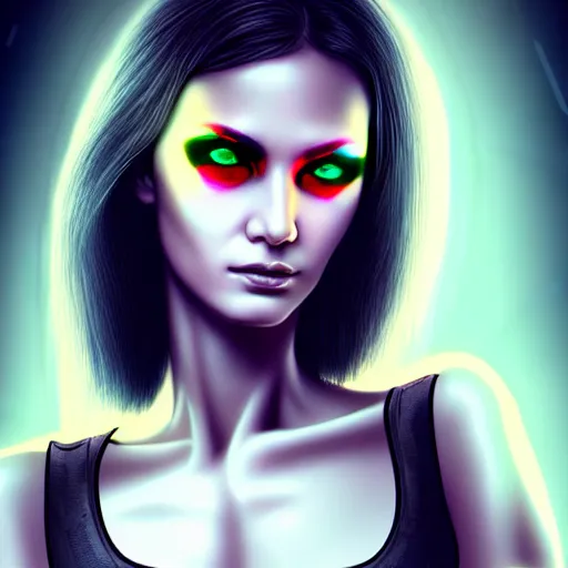 Image similar to realistic detailed portrait of Cyberpunk woman, portrait, long dark hair, Cyberpunk, Sci-Fi, science fantasy, glowing skin, full body, beautiful girl, extremely detailed, sharp focus, model