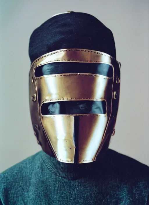 Image similar to a fashion portrait photograph of a man wearing a metal mask designed by piet mondrian, 3 5 mm, color film camera,