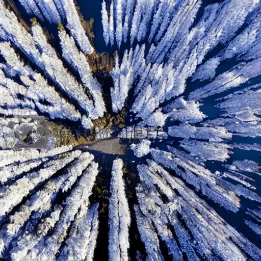 Image similar to sattelite image of snow from 250 meters height, just a few cut frozen trees covered with ice and snow, old lumber mill remains, beautiful winter area