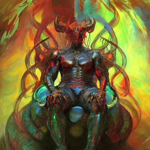 Prompt: hi - tech version of demon seated by vrubel. highly detailed fantasy science fiction painting. rich colors, high contrast. artstation