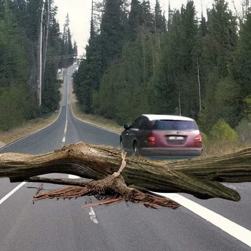 Prompt: fallen tree in highway traffic. Sasquatch Bigfoot peeking out from forest