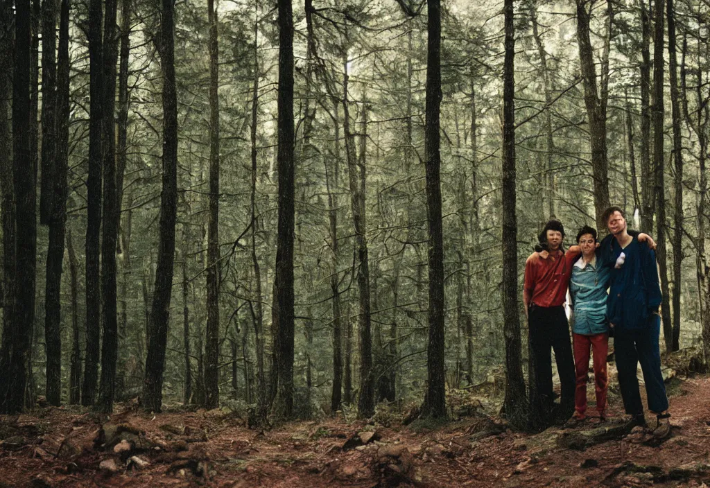 Image similar to lomo photo of two humans standing in front of a large forest cabin, cinestill, bokeh, out of focus, day, dramatic lighting