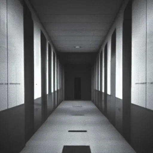 Image similar to the eerie halls of the scp foundation, unnerving mist, liminal