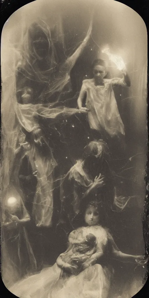 Image similar to spirit photography with glowing bulbous ectoplasm, scary reed people, sleep paralysis demon, 1 9 0 0 s, slimer, mourning family, invoke fear and dread, old photograph, daguerreotype, face of mona liza in the center