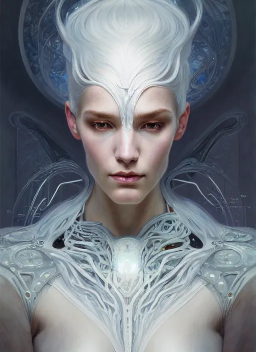 Image similar to organic cyborg, white hair, diffuse lighting, fantasy, intricate, elegant, highly detailed, lifelike, photorealistic, digital painting, artstation, illustration, concept art, smooth, sharp focus, art by John Collier and Albert Aublet and Krenz Cushart and Artem Demura and Alphonse Mucha