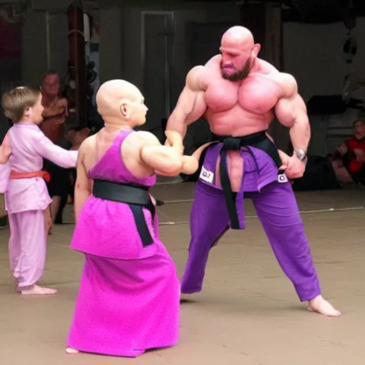 Image similar to a very muscular bald Bodybuilding dwarf is wearing a pink dress. he has a purple chin beard. he is doing karate and is fighting with kids.