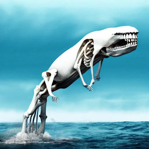 Prompt: a large white whale skeleton animal jumping out of the water, a digital rendering by maki haku, trending on deviantart, rayonism, hyper - realistic, photorealistic, hyper realism.