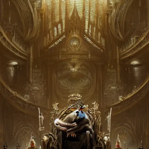 Image similar to rat overlord sitting on throne with hundreds of humans wordhipping, ssci - fi and fantasy, intricate and very very beautiful and elegant, highly detailed, digital painting, artstation, concept art, smooth and sharp focus, illustration, art by greg rutkowski