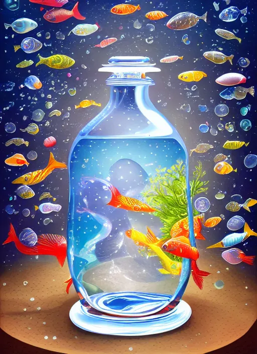 Prompt: the universe in a bottle of water filled with fishes, trending on art station, very detailed, detailed background